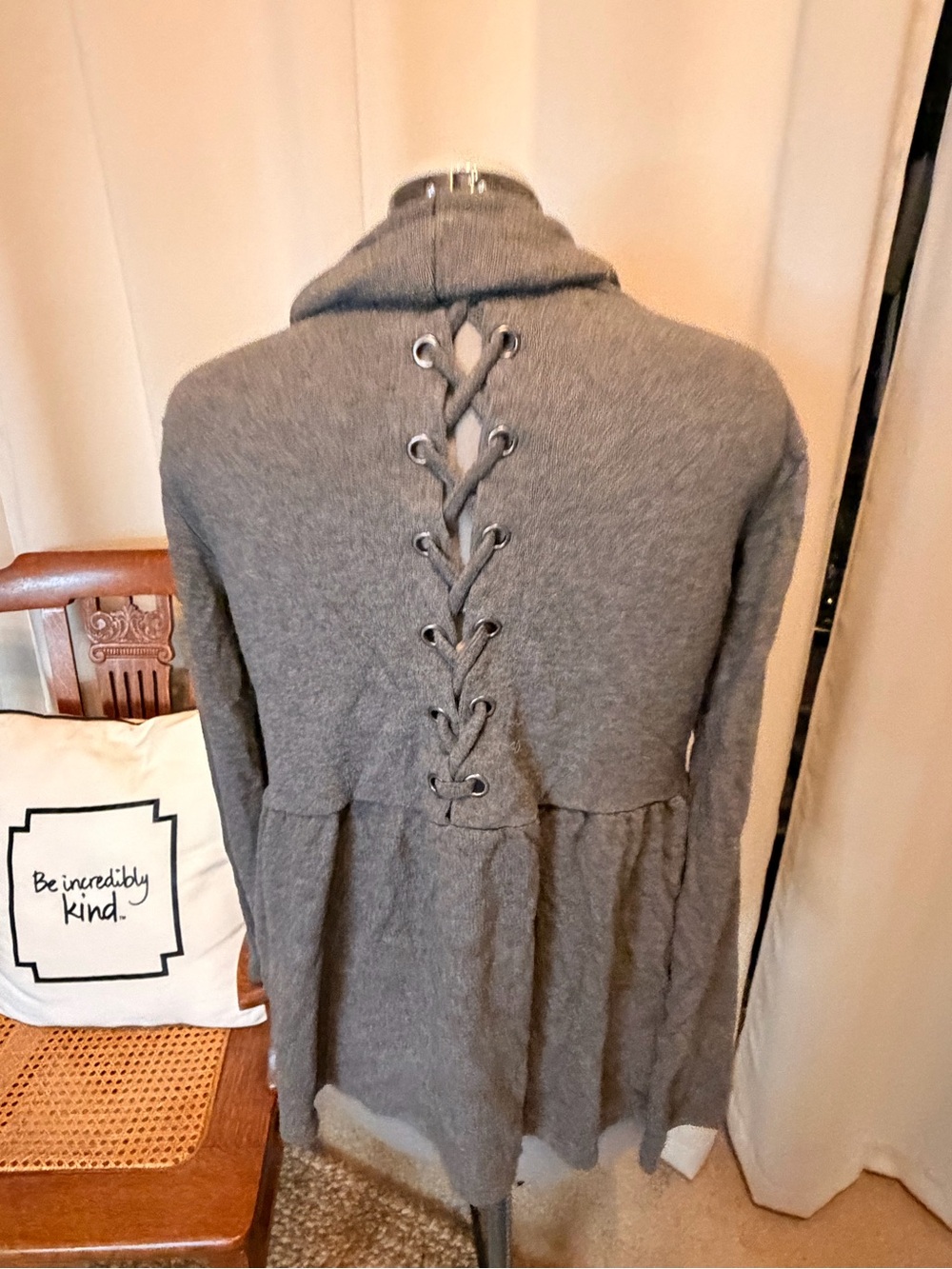 Maurices Gray Cowl Neck Lace-Up Back Peplum Sweater Top Size Large